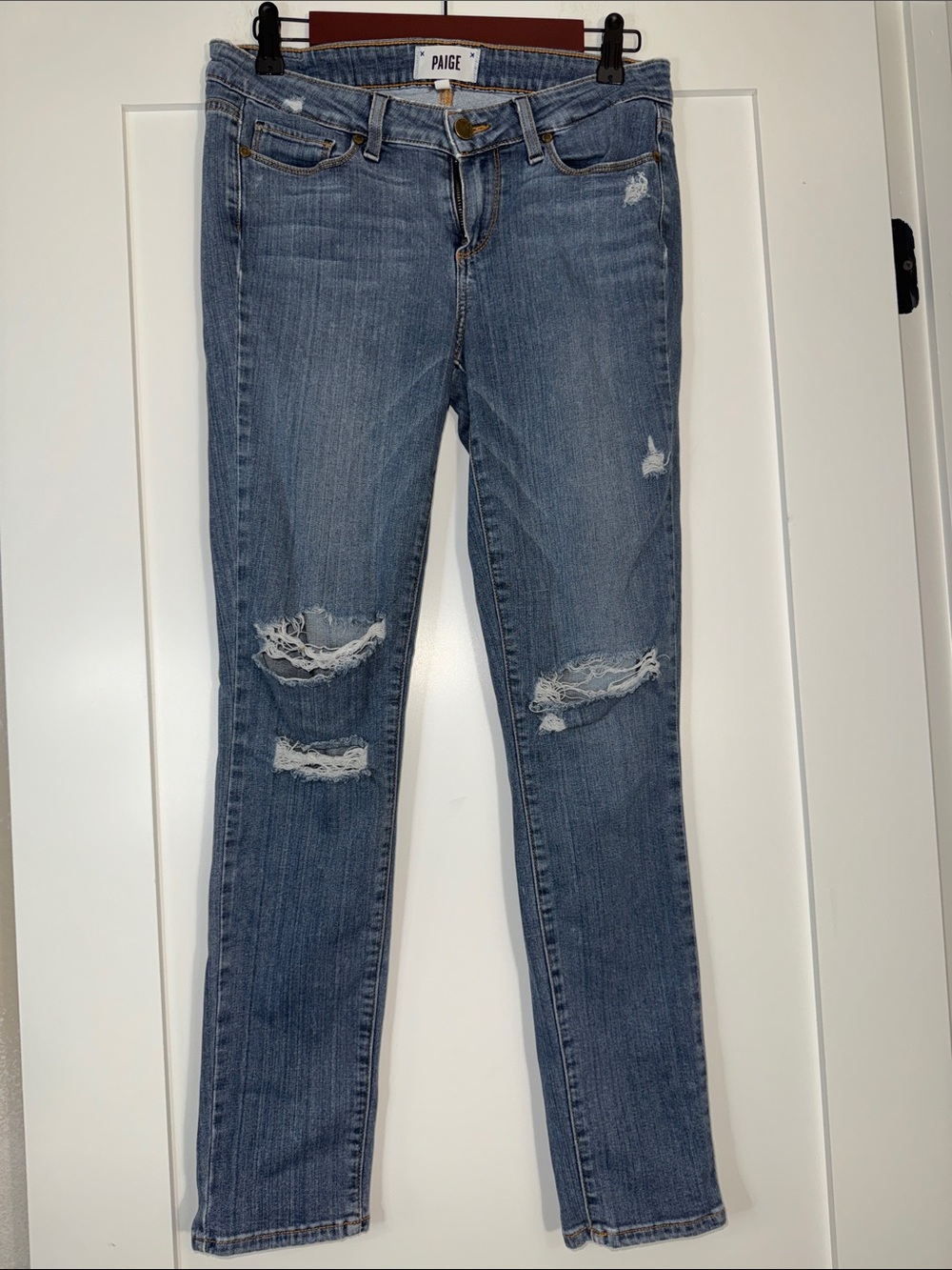 PAIGE Distressed Skinny Jeans — Light Wash Blue Sz 28” rise 8” quiet luxury